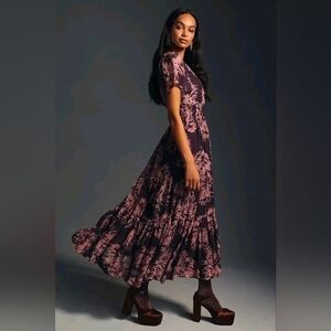 Anthropologie The Somerset Maxi Dress Chiffon Purple Plum Pockets Floral sz M